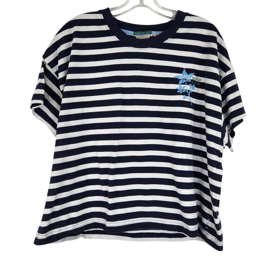Scotch & Soda Amsterdam Blue White Stripe Floral Embroidery Women's XXL  Cotton